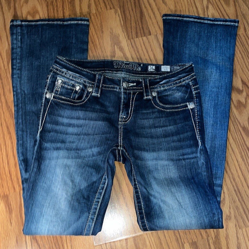 Lot 2 Miss Me Jeans womens 26 bedazzled embroidered pockets boot cut jeans pants - Picture 5 of 7